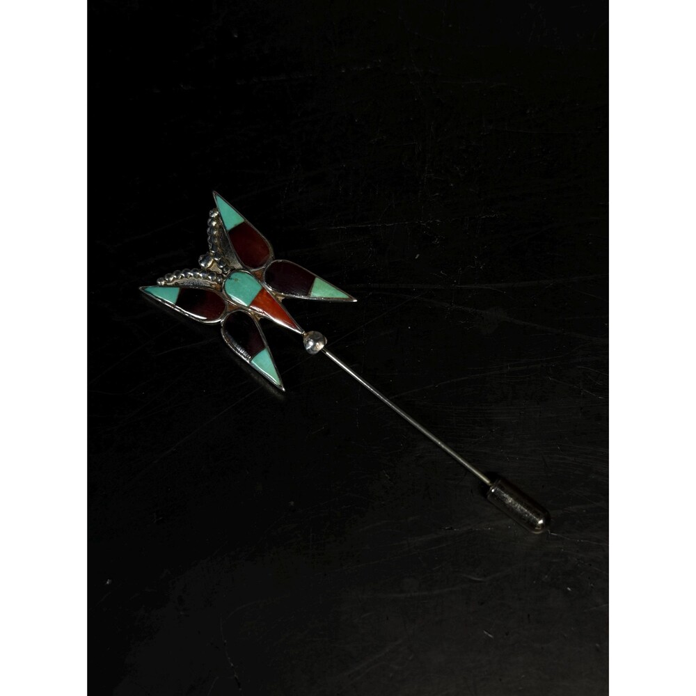 Zuni Sterling Silver Butterfly Stick Pin Inlay Southwestern Vintage